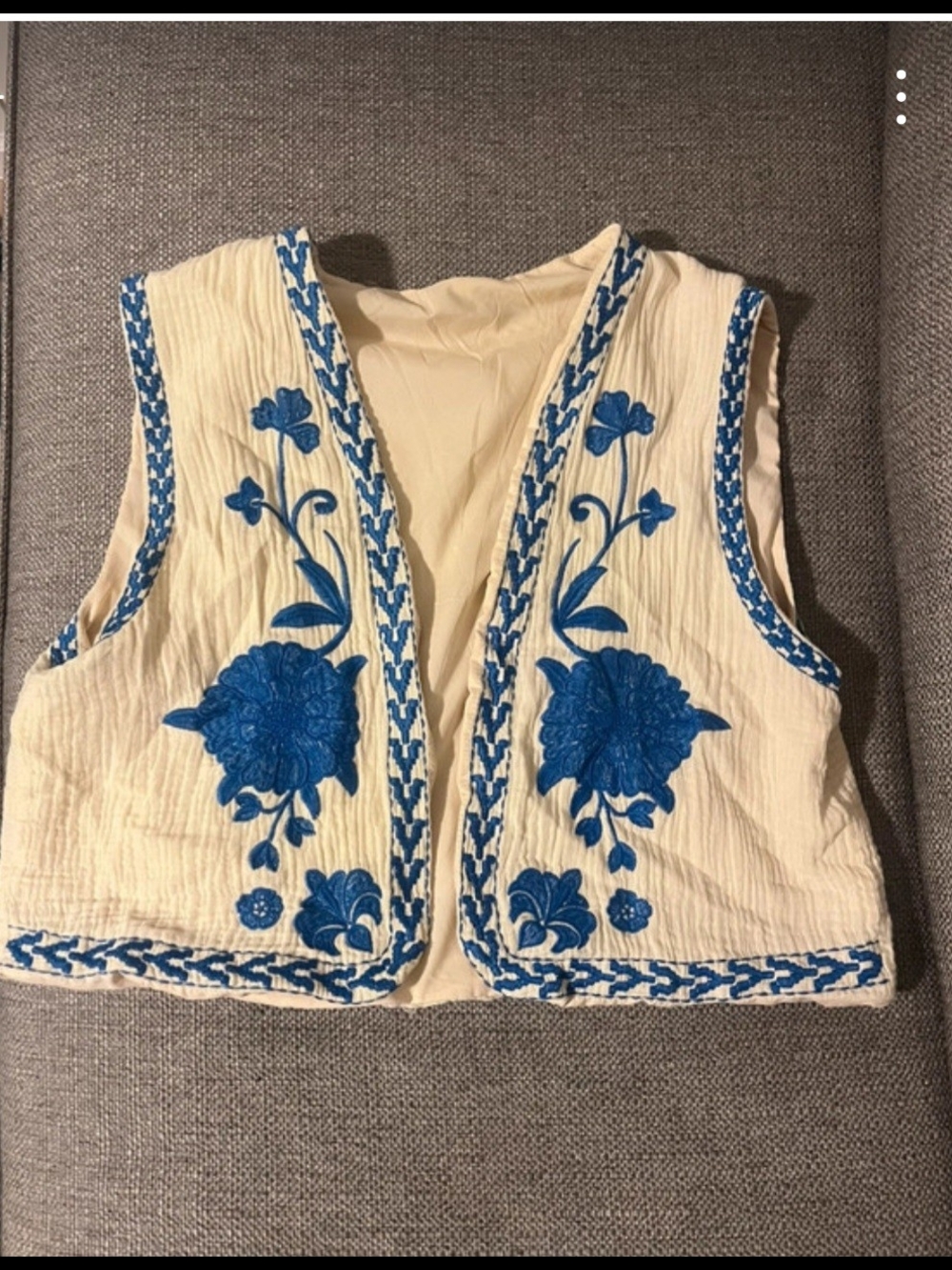 Boho Cream Cropped Vest with Blue Floral Embroidery
